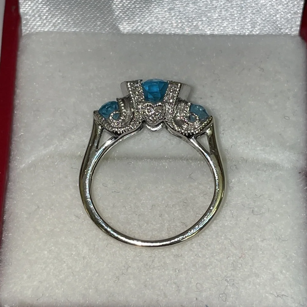 Solid Stamped 14K White Gold Oval Trio Natural Blue Topaz Diamond Ring